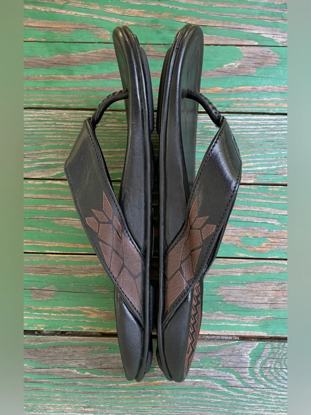 OluKai Kulia Leather Flip Flop Sandals Black Comfort Thong Sandals Mens Sz 9